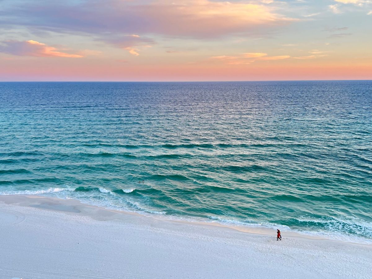aerial view of sunset over the water