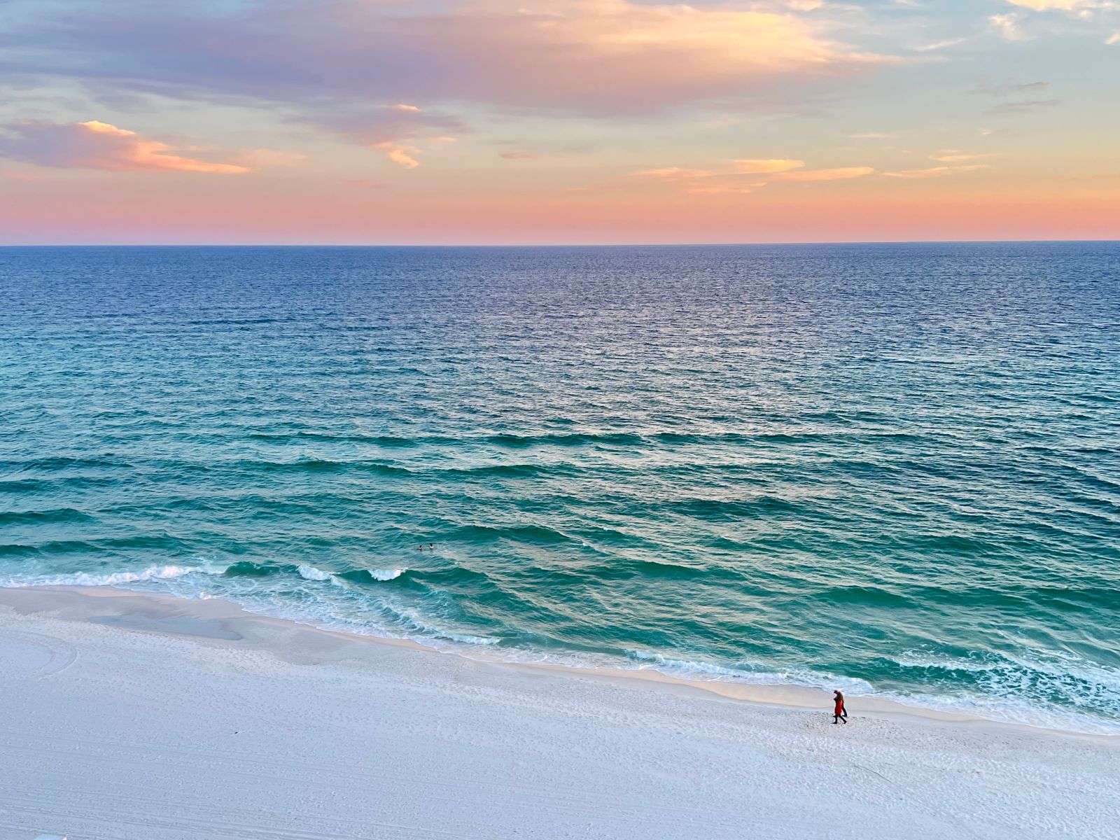 aerial view of sunset over the water